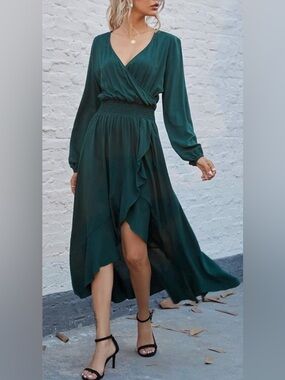Kormei • Green • Long Sleeve • Wrap • High-Low • Midi Dress